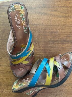 Via Veneto Brown Leather Mules with Blue and Yellow Straps